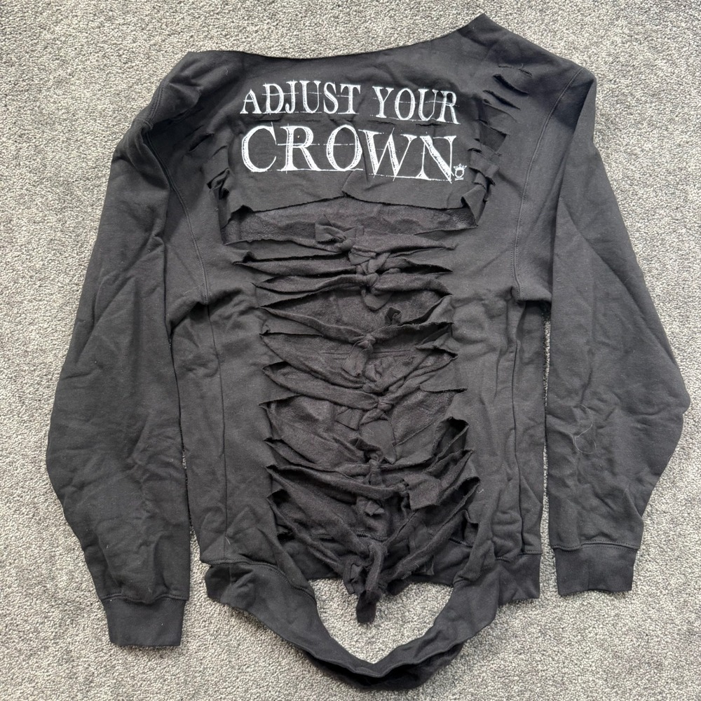 Adjust Your Crown Black Distressed Shredded Back Skull Graphic Sweatshirt Womens